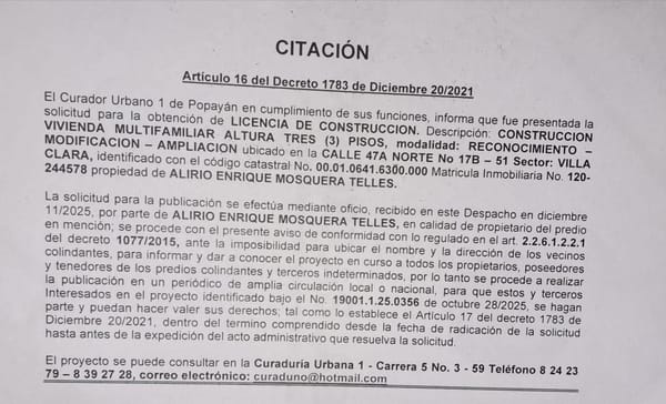 Solicitud de licencia urbanística de construcción para el predio localizado en la Carrera 47A Norte Nro 17b-51 sector Villa Clara, propiedad de Alirio Enrique Mosquera Telles