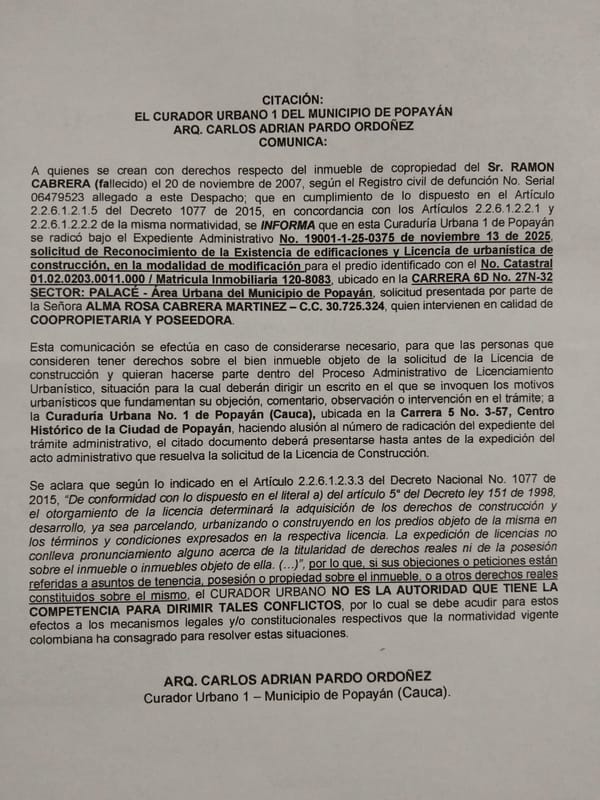 ​Solicitud de licencia urbanística de construcción para el predio localizado en la Carrera 6D No. 27N-32 sector Palacé, propiedad de Alma Rosa Cabrera Martinez.