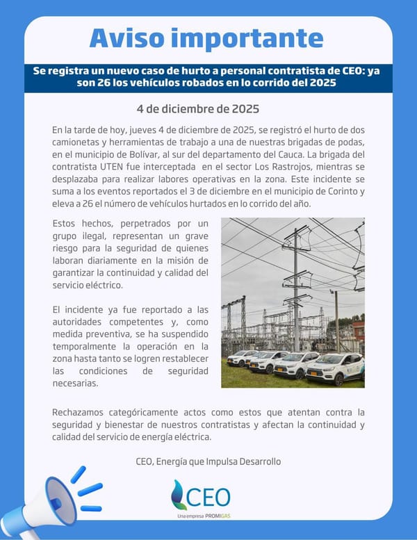 Nuevo golpe a la operación eléctrica: roban dos vehículos de contratistas de CEO en Bolívar, Cauca