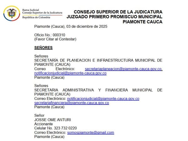 Ordenan arresto y multa contra dos secretarias de despacho en Piamonte por desacato a fallo de tutela