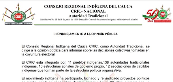 El CRIC retira candidatura a la Cámara por el Pacto Histórico denunciando exclusión y sectarismo