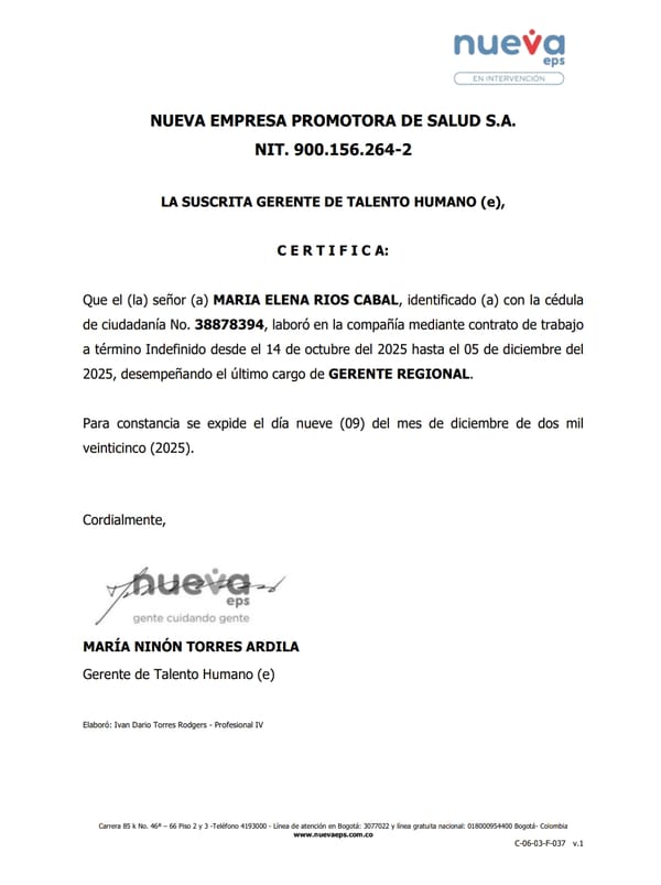 Polémica en la Nueva EPS: Certificación confirma retiro de María Elena Ríos, pero denuncian supuesta continuidad en funciones