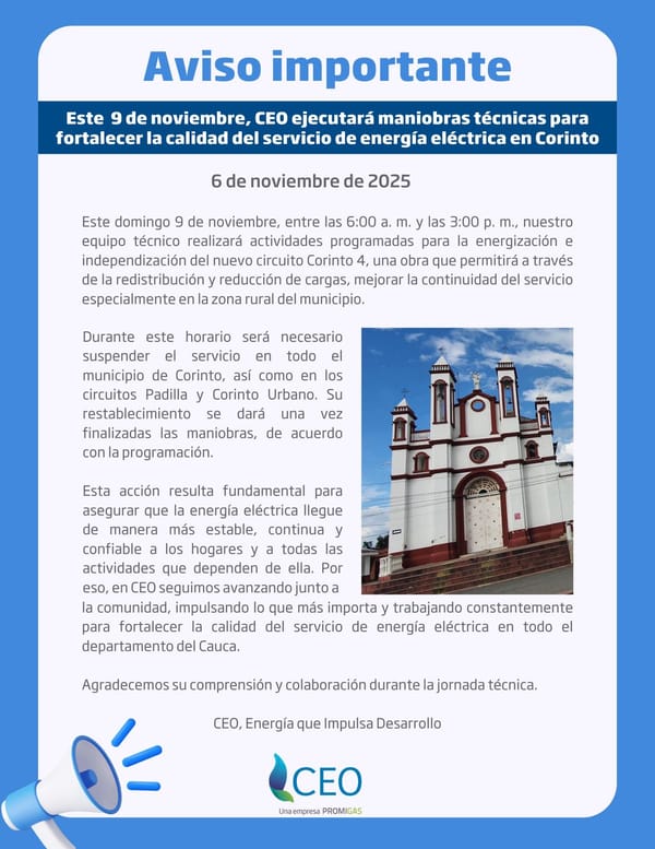 CEO anuncia suspensión del servicio de energía en Corinto este domingo por modernización de redes