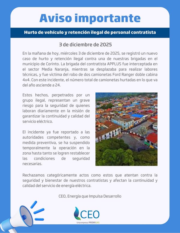 Suspendidas operaciones de energía en Corinto tras hurto de vehículos y retención de personal