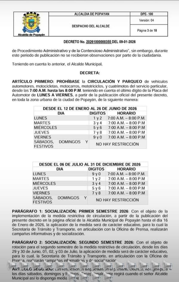 Alcaldía de Popayán decreta nuevo Pico y Placa para 2026: Así funcionará la rotación vehicular