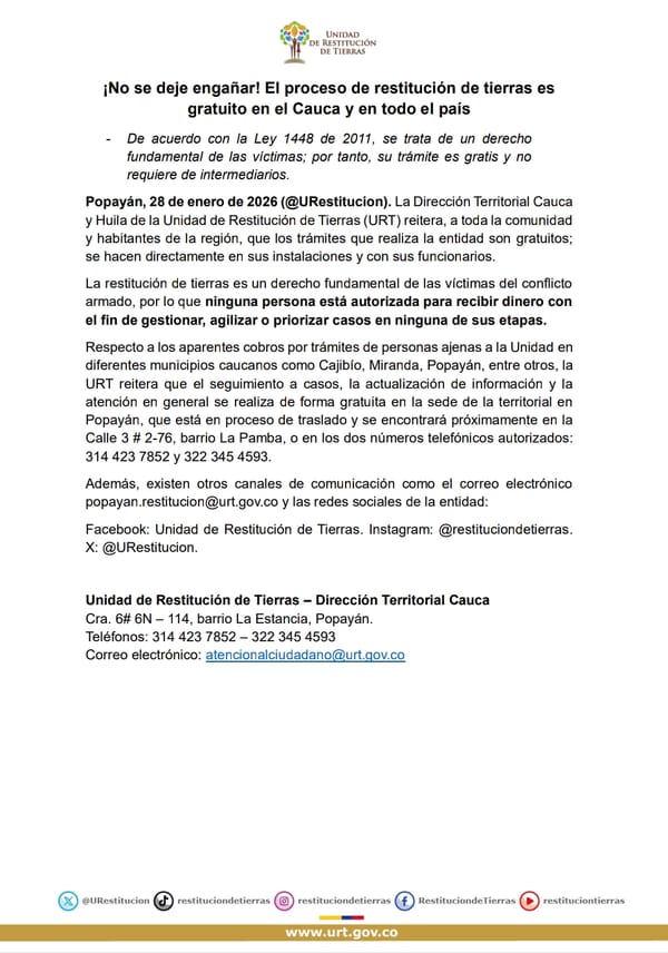 ¡No se deje engañar! Proceso de restitución de tierras en el Cauca es totalmente gratuito