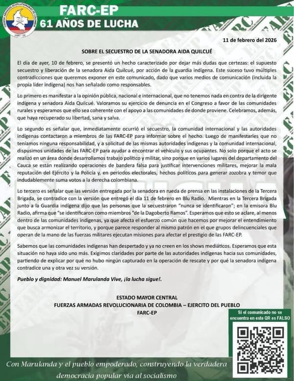 FARC-EP desmiente autoría en el secuestro de la senadora Aida Quilcué y denuncia "montaje" en el Cauca