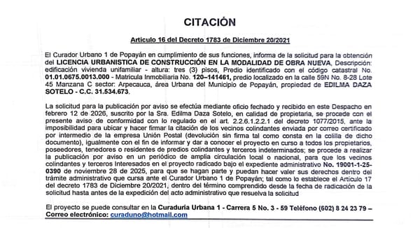 Solicitud de licencia urbanística de construcción en la modalidad de obra nueva para el predio localizado en la calle 59N No. 8-28 Lote 45 Manzana C sector Arpecauca, propiedad de Edilma Daza Sotelo.