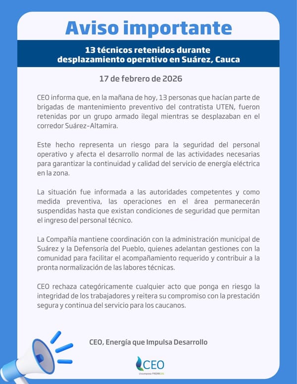Grupo armado retiene a 13 operarios de la Compañía Energética de Occidente en Suárez, Cauca