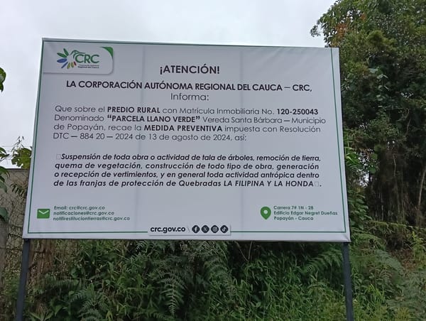 CRC interviene predio "Llano Verde" en Popayán: Suspenden toda obra para proteger fuentes hídricas