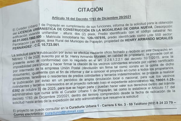Solicitud de licencia urbanística de construcción en la modalidad de obra nueva para el predio localizado en el Lote 55B sector Parcelación Las Vegas (área rural), propiedad de Henry Armando Morales Fernández.
