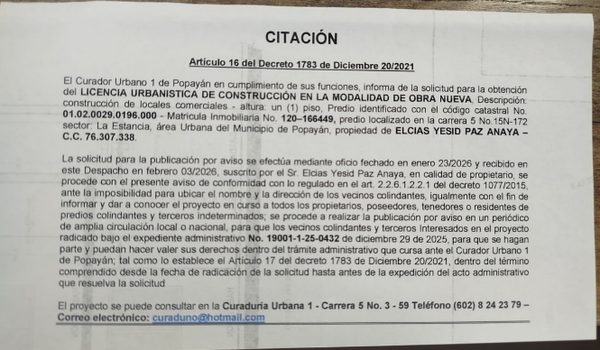 Solicitud de licencia urbanística de construcción en la modalidad de obra nueva para el predio localizado en la carrera 5 No. 15N-172 sector La Estancia, propiedad de Elcias Yesid Paz Anaya.