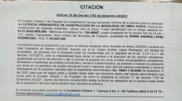 Solicitud de licencia urbanística de construcción para el predio localizado en la Carrera 10A No 34AN-113 sector Campo Bello, propiedad de Edwin Andrés López Rodriguez
