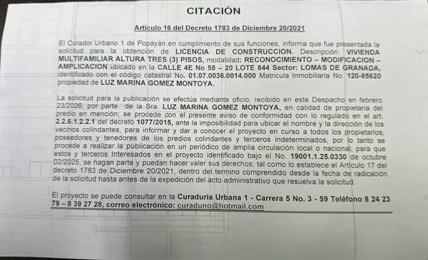 Solicitud de licencia urbanística de construcción en la modalidad de RECONOCIMIENTO – MODIFICACION – AMPLIACION para el predio localizado en la CALLE 4E No 58 – 20 LOTE 844 Sector: LOMAS DE GRANADA, propiedad de LUZ MARINA GOMEZ MONTOYA