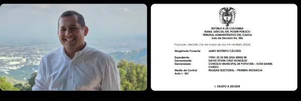 Tribunal Administrativo del Cauca suspende provisionalmente al Personero de Popayán, Iván Daniel Oviedo