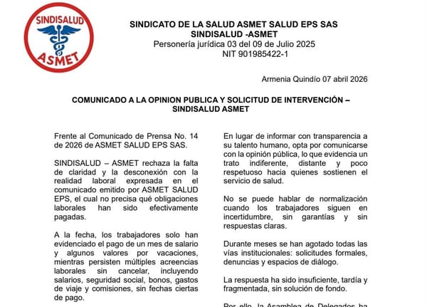 SINDISALUD ASMET convoca a paro de 72 horas ante "incumplimientos sistemáticos" de la EPS
