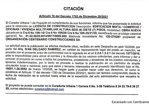 Solicitud de licencia urbanística de construcción en la modalidad de OBRA NUEVA para el predio localizado en la carrera 5 No.15N-172 sector: La Estancia, propiedad de ELCIAS YESID PAZ ANAYA