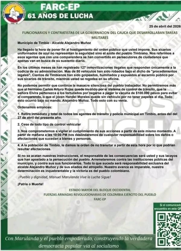 Timbío bajo amenaza: FARC-EP exige retiro de tránsito y policía en 48 horas