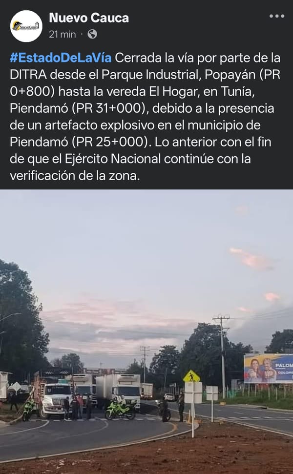 Cierre total de la vía Popayán-Cali por hallazgo de artefacto explosivo en jurisdicción de Piendamó