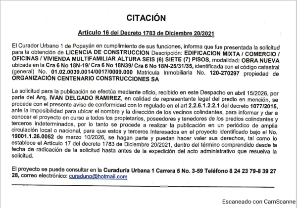 Solicitud de licencia urbanística de construcción en la modalidad de OBRA NUEVA para el predio localizado en la Cra 6 No 18N-19/ Cra 6 No 18N39/ Cra 6 No 18N-25/31/35 , propiedad de ORGANIZACIÓN CENTENARIO CONSTRUCCIONES SA.