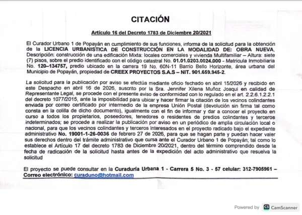 Solicitud de licencia urbanística de construcción en la modalidad de OBRA NUEVA para el predio localizado en la carrera 19 No. 60N-11 Barrio Bello Horizonte , propiedad de CREEX PROYECTOS S.A.S.