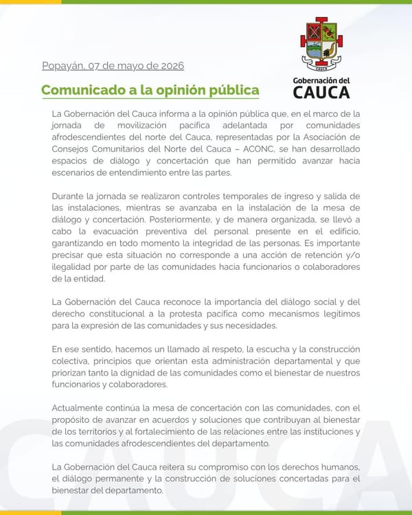 Gobernación del Cauca aclara evacuación preventiva y ratifica mesa de diálogo con comunidades afrodescendientes