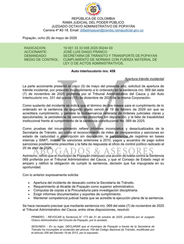 Juez abre incidente de desacato contra la Secretaría de Tránsito de Popayán por no prescribir multas antiguas