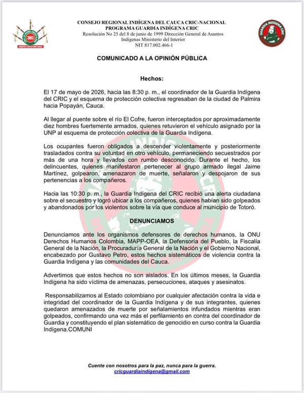 Hombres armados secuestran y atacan a coordinador de la Guardia Indígena del CRIC en el Cauca