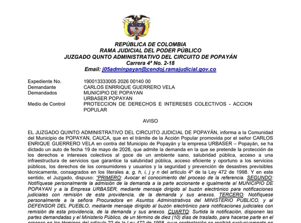 Juzgado admite Acción Popular contra el Municipio de Popayán y la empresa Urbaser