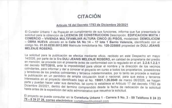 Solicitud de licencia urbanística de construcción en la modalidad de DEMOLICIÓN – OBRA NUEVA para el predio localizado en la Calle 5A No 14 – 17 lote 1 Barrio Valencia, propiedad de DULI JEANIS MELENJE ROSERO