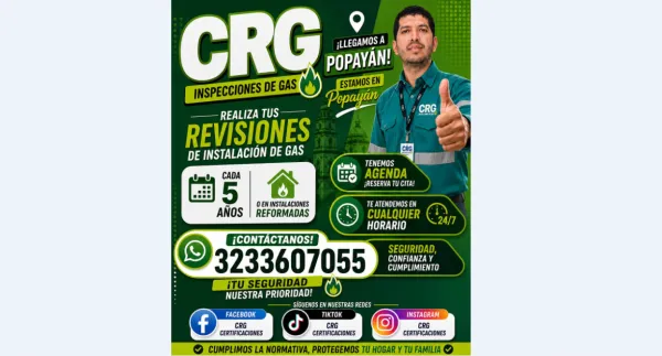 CRG Inspecciones de Gas llega a Popayán 📲 Único número de atención y agendamiento: 323 360 7055