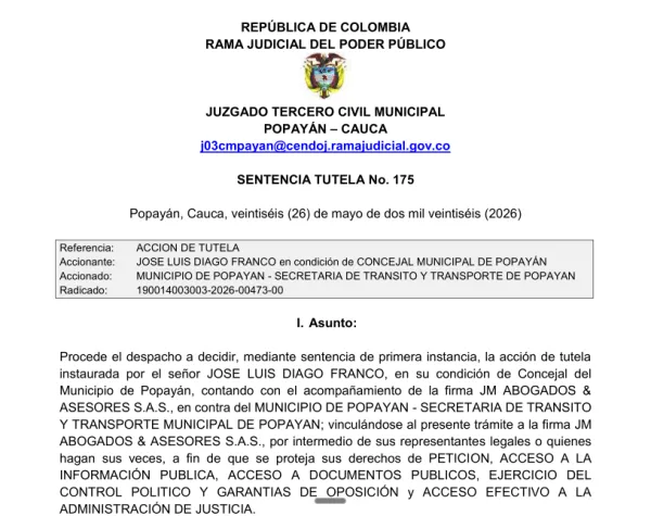 Justicia ordena a Tránsito de Popayán entregar datos clave sobre fotomultas y prescripciones