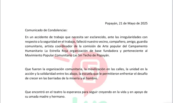 Movimiento Lxs Sin Techo de Popayán exige esclarecer la muerte de un líder juvenil y artista en accidente laboral