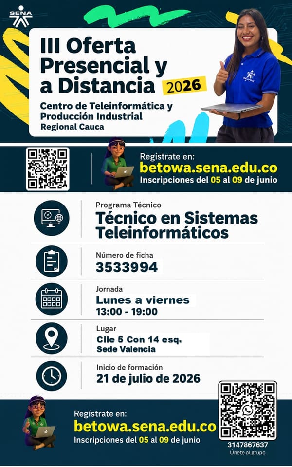 SENA Regional Cauca abre inscripciones para Técnico en Sistemas Teleinformáticos en Popayán