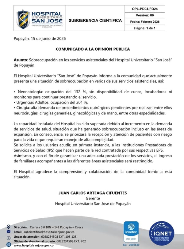 Alerta en Popayán: Hospital San José supera su capacidad con Urgencias al 201% y restringe servicios