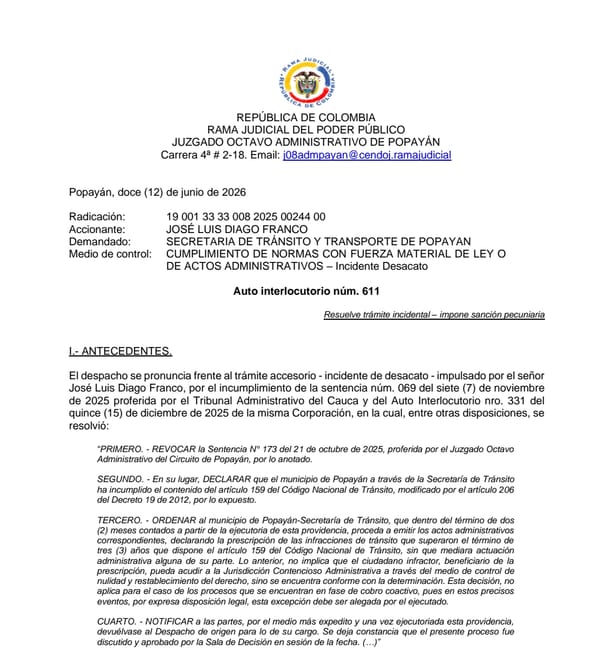 Multan por desacato al alcalde de Popayán y a la Secretaria de Tránsito por caso de multas prescritas