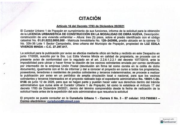​Solicitud de licencia urbanística de construcción en la modalidad de OBRA NUEVA para el predio localizado en la carrera 13 No. 33N-36 Lote 1 Sector Campobello, propiedad de LUZ EDILA VIVEROS MINDA
