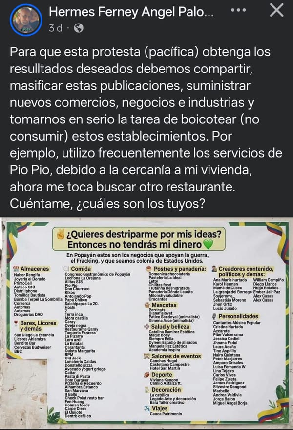 Listas de boicot digital en Popayán: Cuando la supuesta "protesta pacífica" se convierte en estigmatización ideológica