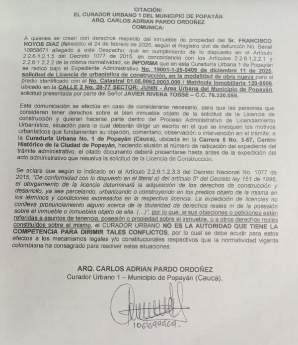 Solicitud de licencia urbanística de construcción en la modalidad de obra nueva para el predio localizado en la CALLE 2 No. 28-77 SECTOR: JUNIN, de propiedad del Sr. FRANCISCO HOYOS DIAZ (fallecido) y presentada por el Señor JAVIER RIVERA TOSSE.