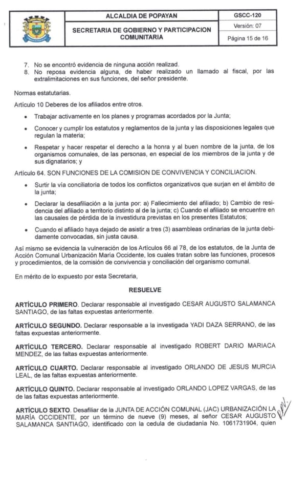 Alcaldía de Popayán suspende a dignatarios de la JAC La María Occidente por graves irregularidades administrativas