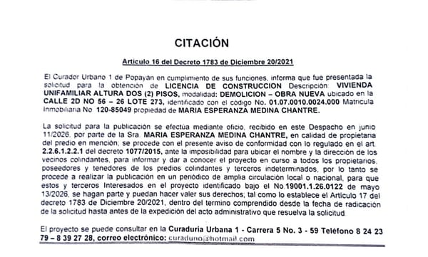 Solicitud de licencia urbanística de construcción en la modalidad de DEMOLICION – OBRA NUEVA para el predio localizado en la CALLE 2D NO 56 – 26 LOTE 273, propiedad de MARIA ESPERANZA MEDINA CHANTRE.