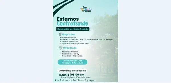 Urbaser abre convocatoria laboral para conductores de vehículo pesado en Popayán