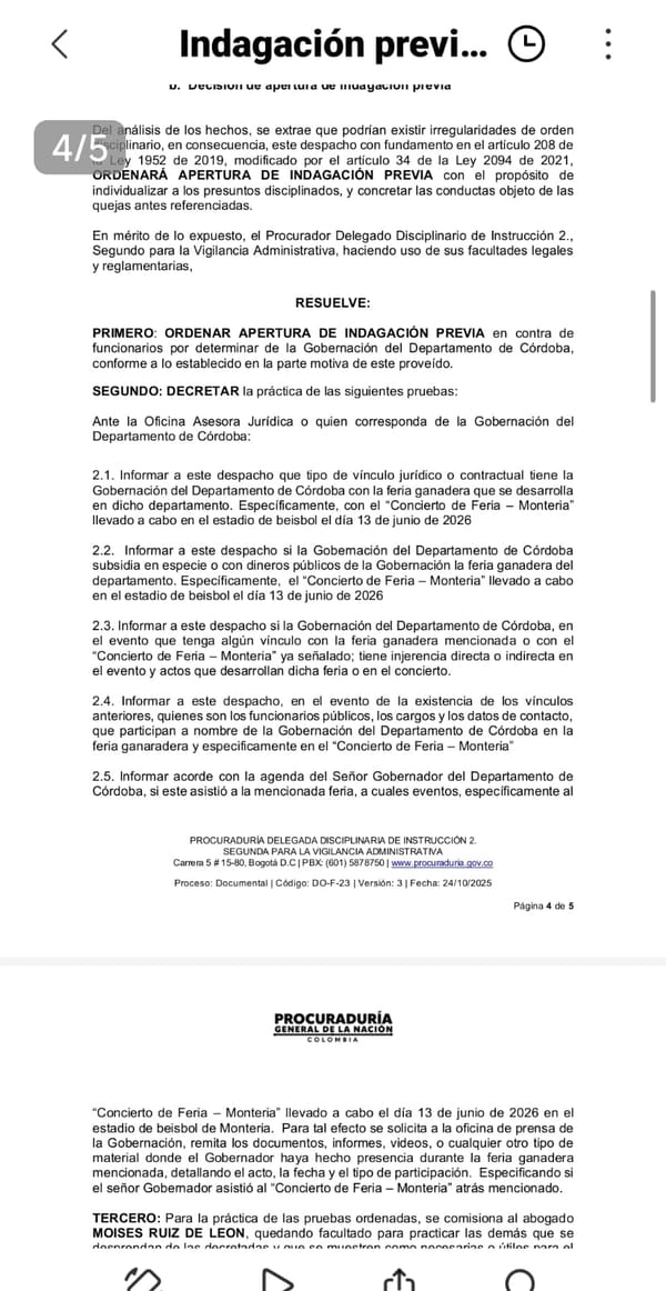Procuraduría abre indagación previa por presuntas irregularidades relacionadas con la Feria Ganadera y el Concierto de Feria en Montería