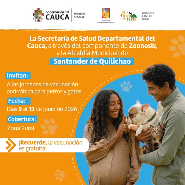 Santander de Quilichao realizará jornada gratuita de vacunación antirrábica para perros y gatos en zonas rurales