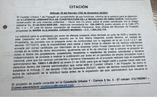 Solicitud de licencia urbanística de construcción en la modalidad de OBRA NUEVA para el predio localizado en la Calle 27N No. 1 A - 57 Lote 39 Sector Asociación de Vivienda Primaveral, propiedad de MARÍA ALEJANDRA JURADO MORENO.