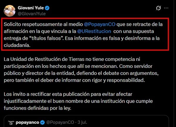 "Esa información es falsa": Giovani Yule pide rectificar publicación que involucra a la Unidad de Restitución de Tierras