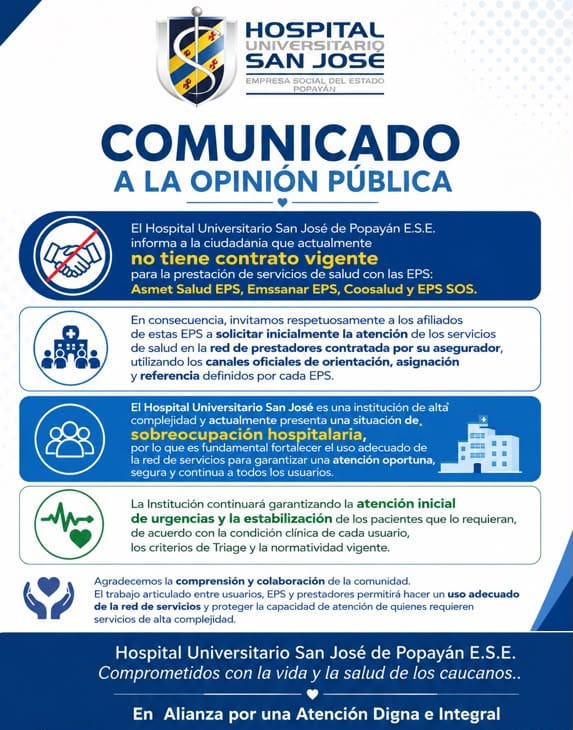 Hospital San José de Popayán se queda sin contrato con cuatro EPS en medio de sobreocupación