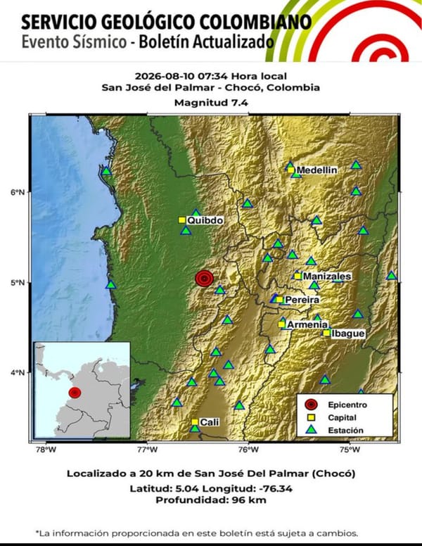 Fuerte sismo de magnitud 7.4 con epicentro en Chocó sacude a gran parte de Colombia