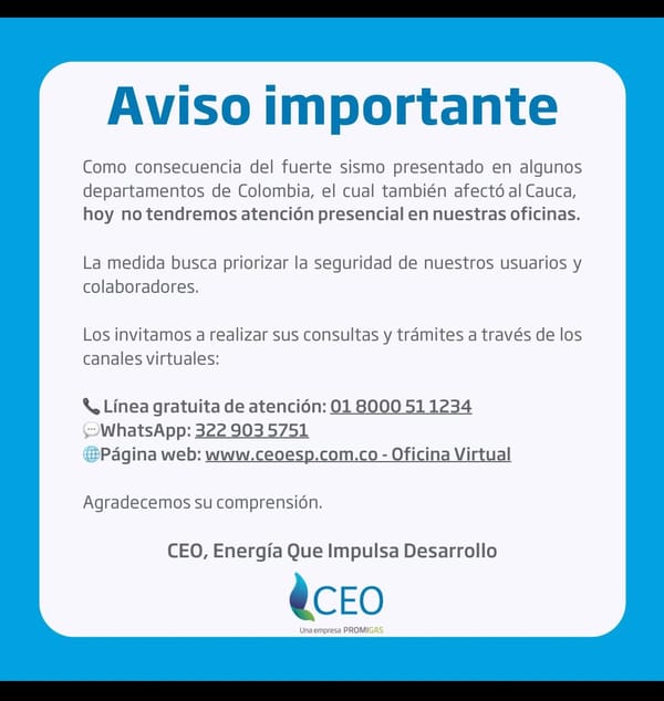 CEO suspende atención presencial en sus oficinas del Cauca tras fuerte sismo