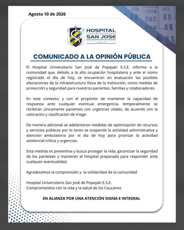 Hospital San José de Popayán restringe atención a urgencias vitales tras fuerte sismo